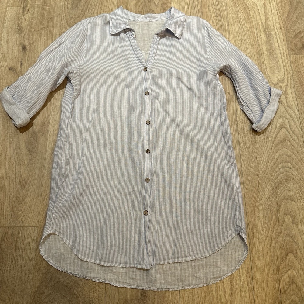 Tahari Women's Large Linen‎ Longline Striped Button Up Tunic Costal minimalist